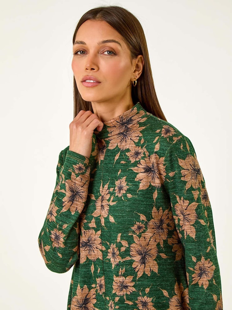 Roman Green Floral Print High Neck Stretch Tunic Top - Image 4 of 5