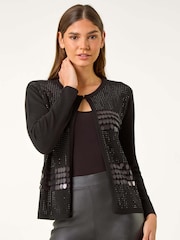 Roman Black Sequin Embellished Knit Cardigan - Image 1 of 5