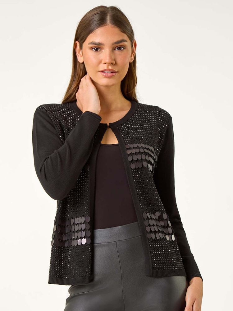 Roman Black Sequin Embellished Knit Cardigan - Image 1 of 5