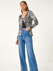 Roman Black Embellished Animal Print V-Neck Cardigan - Image 5 of 6