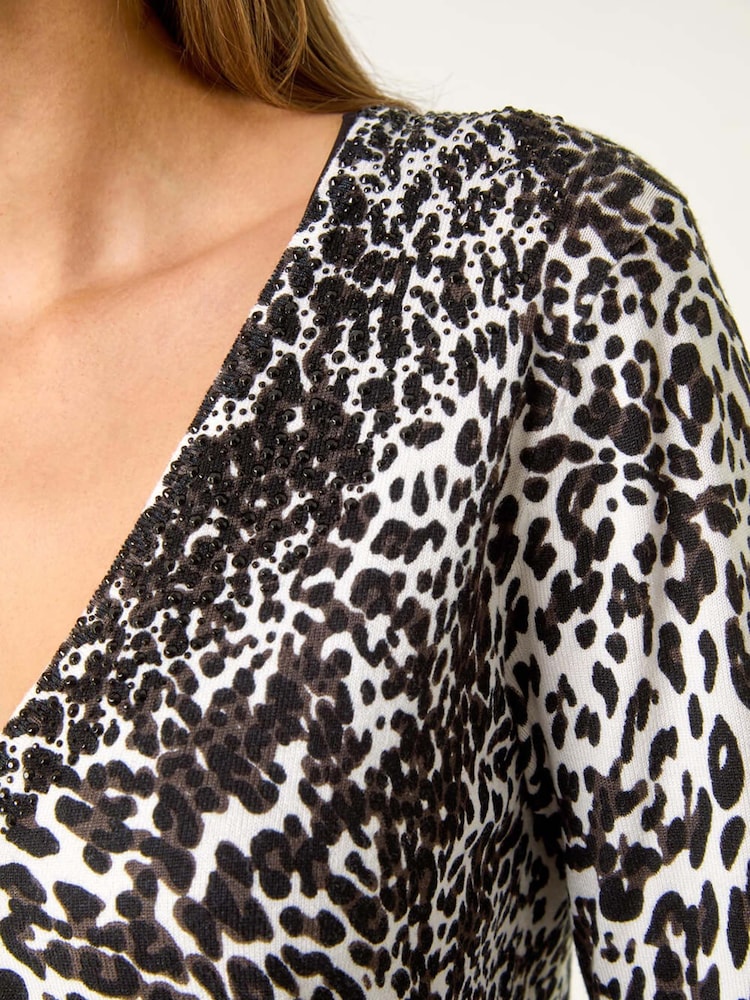 Roman Black Embellished Animal Print V-Neck Cardigan - Image 6 of 6