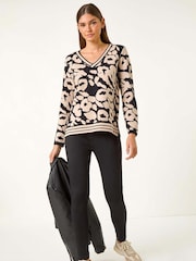 Roman Black Animal Print V-Neck Jumper - Image 3 of 6