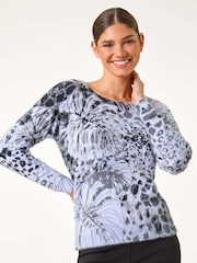 Roman Blue Fluffy Tropical Animal Print Knit Jumper - Image 1 of 5