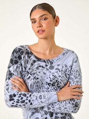 Roman Blue Fluffy Tropical Animal Print Knit Jumper - Image 4 of 5