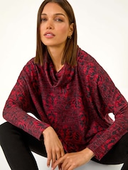 Roman Red Relaxed Print Cowl Neck Stretch Top - Image 1 of 6