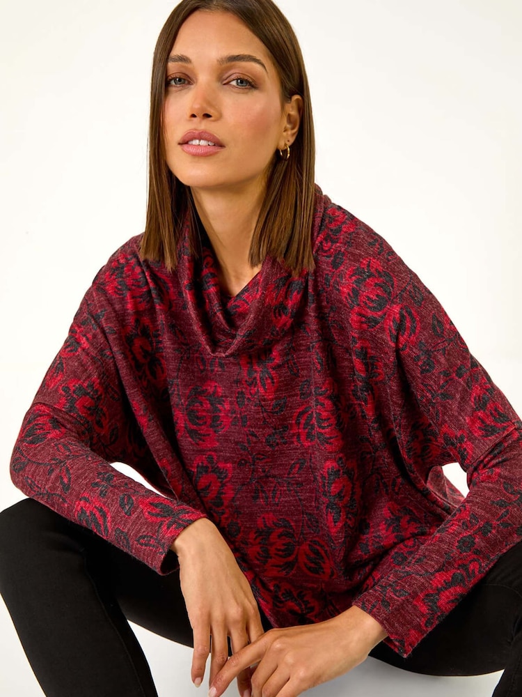 Roman Red Relaxed Print Cowl Neck Stretch Top - Image 1 of 6