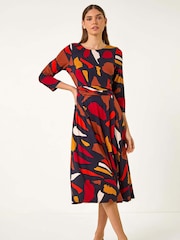 Roman Red Fit & Flare Abstract Stretch Dress - Image 1 of 5