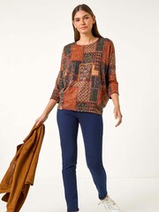 Roman Orange Patchwork Print Drop Shoulder Stretch Top - Image 1 of 5