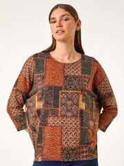 Roman Orange Patchwork Print Drop Shoulder Stretch Top - Image 2 of 5