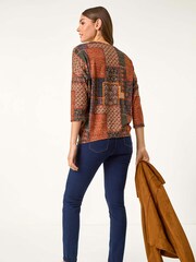Roman Orange Patchwork Print Drop Shoulder Stretch Top - Image 3 of 5