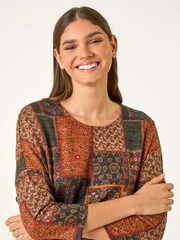 Roman Orange Patchwork Print Drop Shoulder Stretch Top - Image 4 of 5