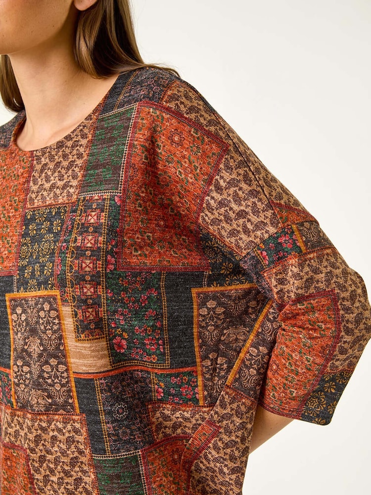 Roman Orange Patchwork Print Drop Shoulder Stretch Top - Image 5 of 5 Roman Orange Patchwork Print Drop Shoulder Stretch Top - Image 5 of 5