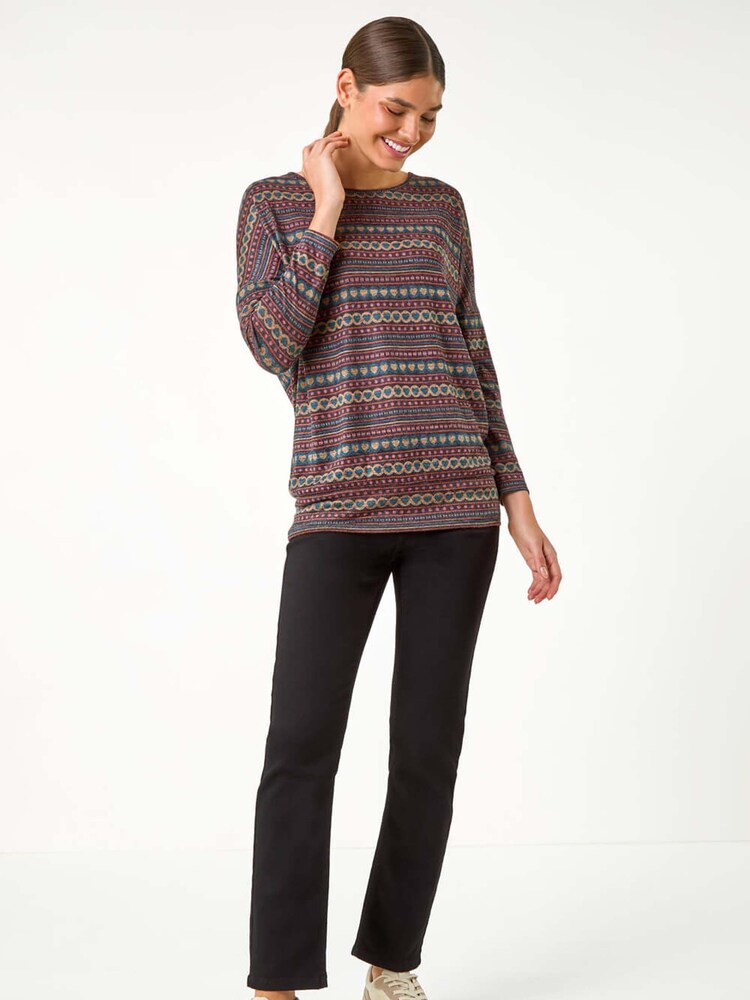 Roman Blue Heart Print Drop Shoulder Stretch Top - Image 1 of 6 Roman Blue Heart Print Drop Shoulder Stretch Top - Image 1 of 6