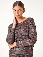 Roman Blue Heart Print Drop Shoulder Stretch Top - Image 5 of 6