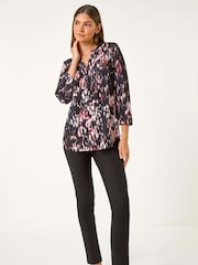Roman Brown Textured Abstract Print V-Neck Stretch Top - Image 1 of 6