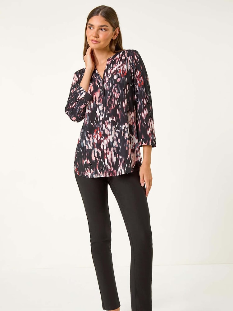 Roman Brown Textured Abstract Print V-Neck Stretch Top - Image 1 of 6