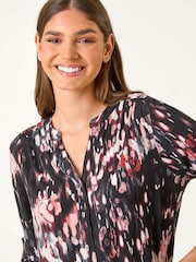 Roman Brown Textured Abstract Print V-Neck Stretch Top - Image 5 of 6