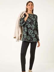Roman Green Floral Print Stretch Tunic Top - Image 1 of 5