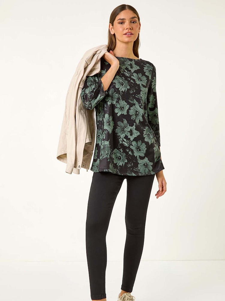 Roman Green Floral Print Stretch Tunic Top - Image 1 of 5
