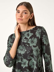 Roman Green Floral Print Stretch Tunic Top - Image 4 of 5