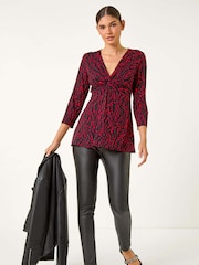 Roman Red Abstract Spot V-Neck Twist Front Top - Image 1 of 5