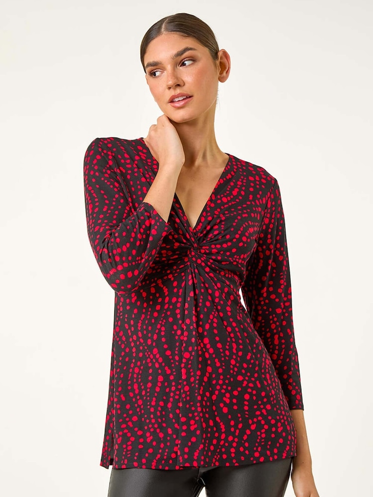 Roman Red Abstract Spot V-Neck Twist Front Top - Image 2 of 5