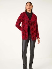 Roman Red Geometric Fringe Collared Cardigan - Image 1 of 5