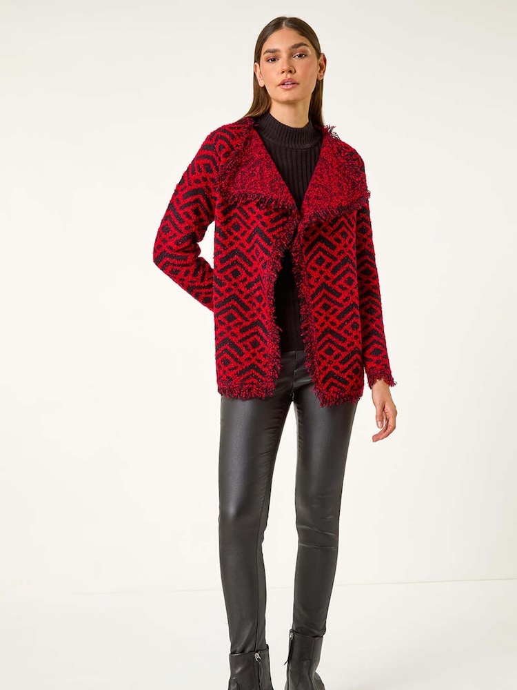 Roman Red Geometric Fringe Collared Cardigan - Image 1 of 5