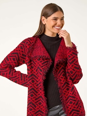 Roman Red Geometric Fringe Collared Cardigan - Image 2 of 5