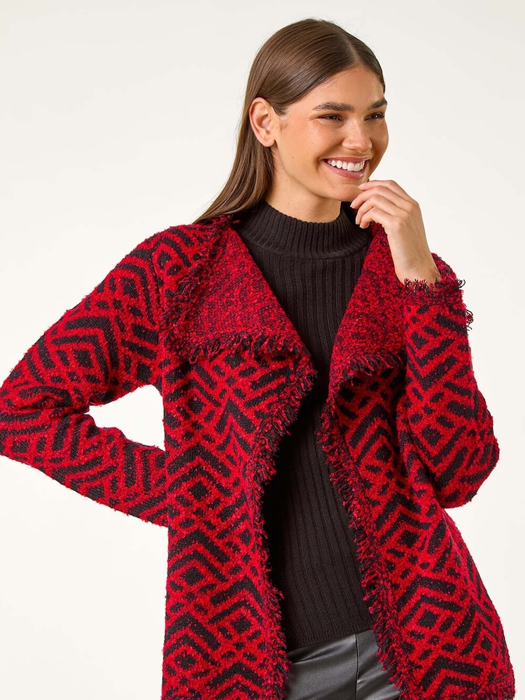 Roman Red Geometric Fringe Collared Cardigan - Image 2 of 5
