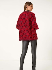Roman Red Geometric Fringe Collared Cardigan - Image 3 of 5