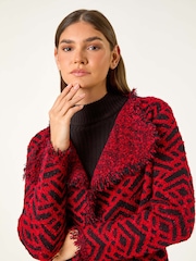 Roman Red Geometric Fringe Collared Cardigan - Image 4 of 5