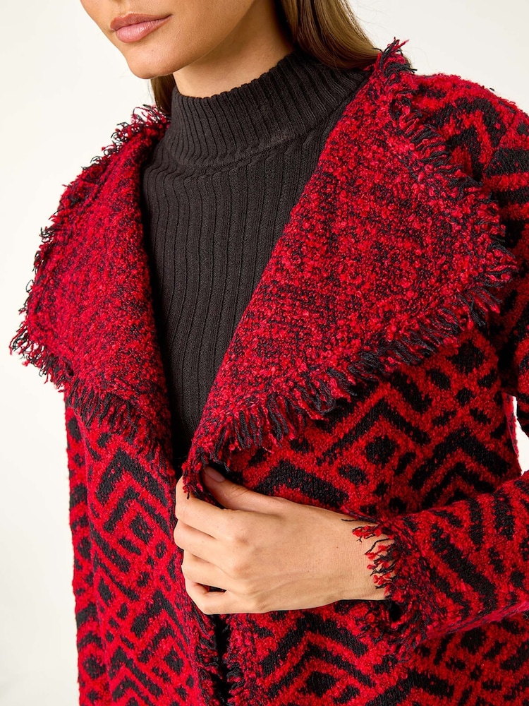 Roman Red Geometric Fringe Collared Cardigan - Image 5 of 5