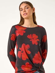 Roman Red Floral Print Stretch Hem Top - Image 1 of 6
