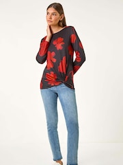 Roman Red Floral Print Stretch Hem Top - Image 3 of 6