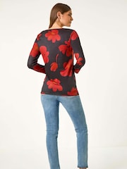 Roman Red Floral Print Stretch Hem Top - Image 4 of 6