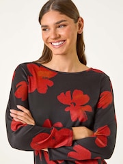 Roman Red Floral Print Stretch Hem Top - Image 5 of 6