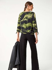 Roman Green Brush Print V-Neck Tie Sleeve Top - Image 2 of 5