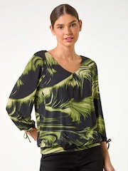 Roman Green Brush Print V-Neck Tie Sleeve Top - Image 4 of 5