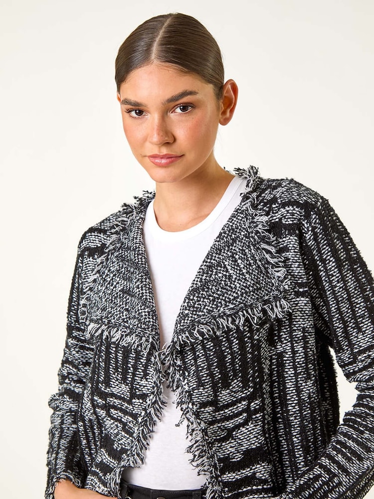 Roman Grey Textured Fringe Collared Cardigan - Image 1 of 6