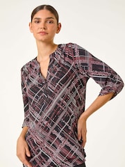 Roman Textured Linear Print V-Neck Stretch Top - Bild 1 von 5