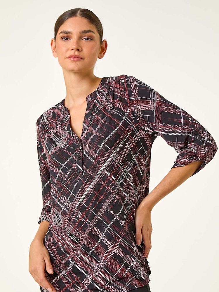 Roman Textured Linear Print V-Neck Stretch Top - Bild 1 von 5
