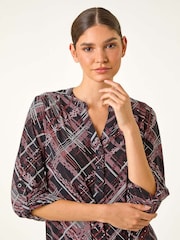 Roman Textured Linear Print V-Neck Stretch Top - Bild 2 von 5