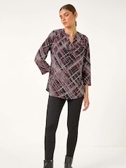 Roman Textured Linear Print V-Neck Stretch Top - Bild 4 von 5