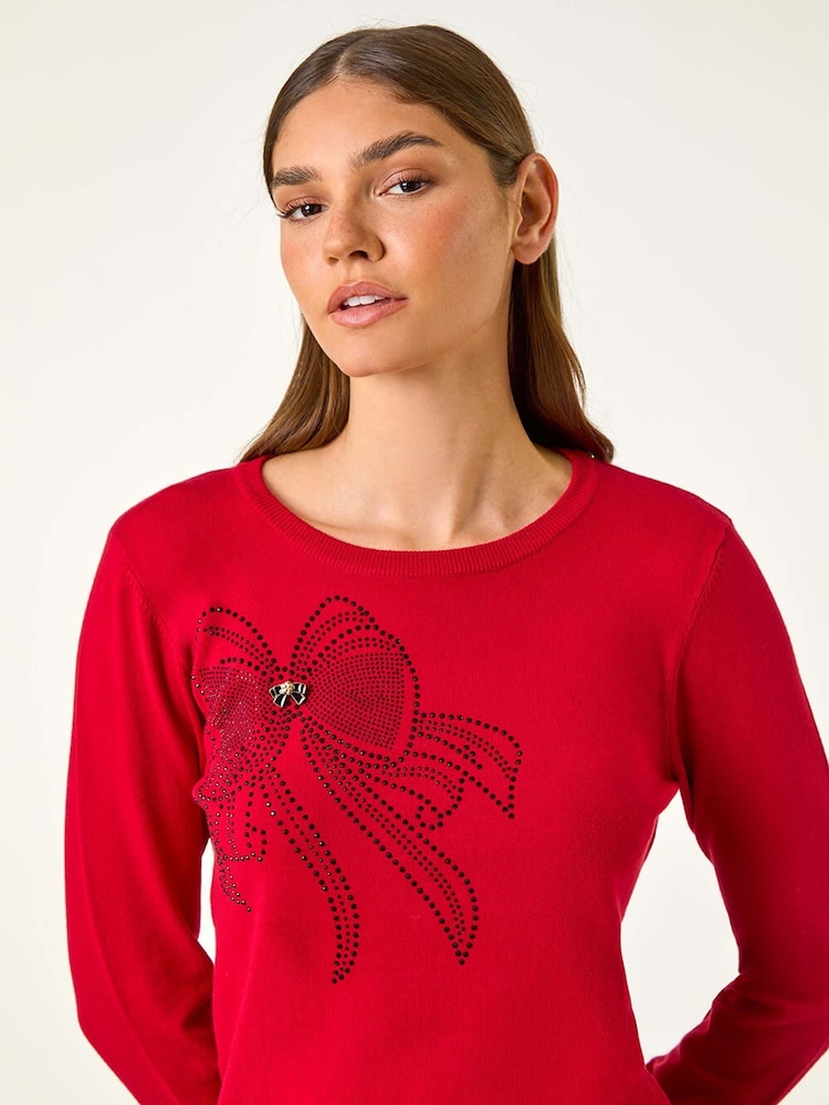 Roman Red Sparkle Bow Detail Crew Jumper - Image 1 of 5