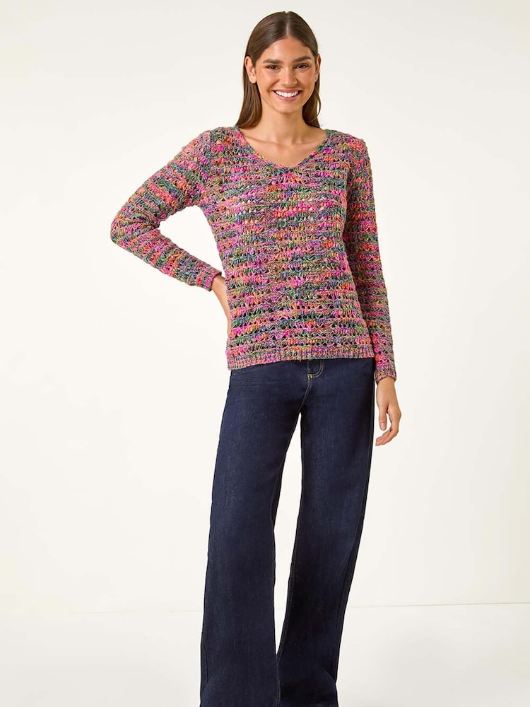 Roman Purple V-Neck Open Knit Jumper - Image 1 of 5