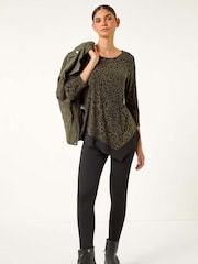 Roman Green Animal Print Chiffon Hem Stretch Top - Image 1 of 5