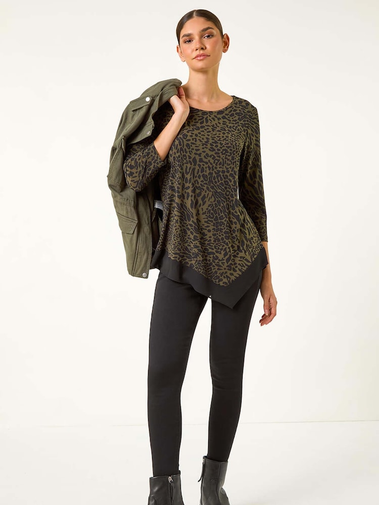 Roman Green Animal Print Chiffon Hem Stretch Top - Image 1 of 5