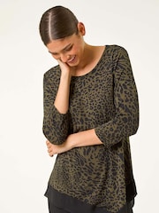 Roman Green Animal Print Chiffon Hem Stretch Top - Image 2 of 5