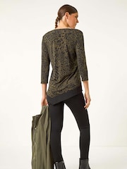 Roman Green Animal Print Chiffon Hem Stretch Top - Image 3 of 5